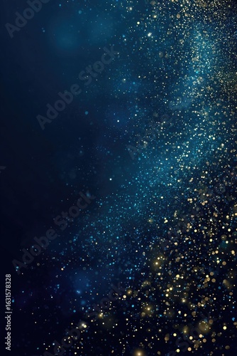 Abstract dark blue background with golden glitter particles