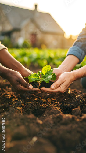 Plantando un huerto de verduras en comunidad con la luz del verano