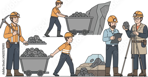 Illustration of miners working with pickaxes, carts, and examining rocks in a mining environment