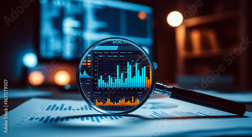Financial data analysis with a magnifying glass focusing on business charts and graphs for market research and investment strategy.