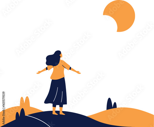 Woman standing on a hill with arms outstretched looking at the sun in a minimalist illustration