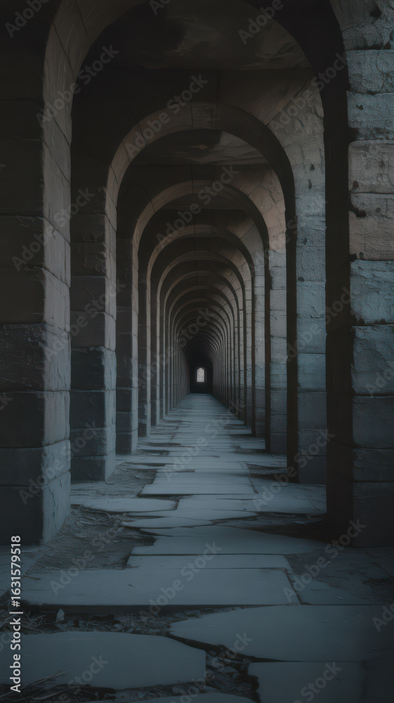 Obraz premium Long stone tunnel with arches and perspective leading to a distant light
