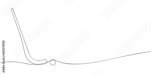 Single bandy stick and ball drawn in continuous line style on white background. Minimalist vector outline illustration. Winter sport equipment and ice hockey concept for design and print.