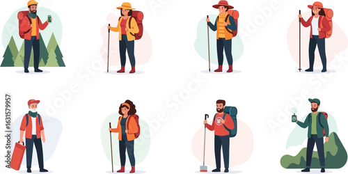 Various cartoon characters hiking with backpacks and poles in a flat vector illustration