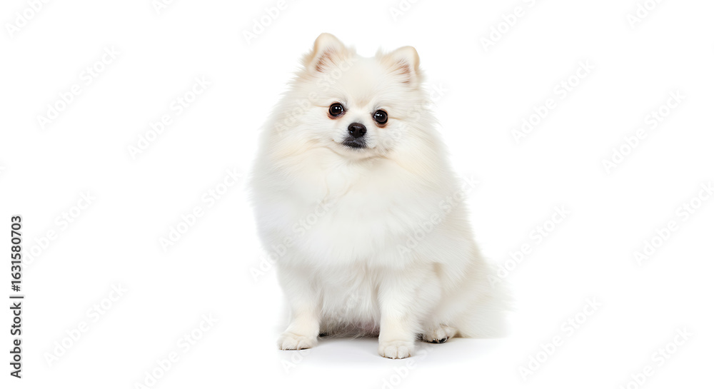 Obraz premium Adorable Pomeranian dog sitting in fluffy pose on pure white background