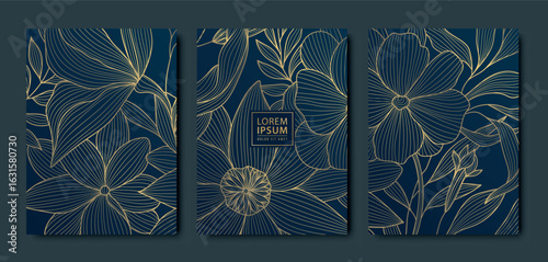 Vector set of fantasy flowers, line golden on blue luxury floral covers, botanical romantic ornament. Tropical vintage wedding spring posters, foliage japanese banners