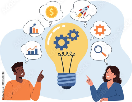Illustration of people with a lightbulb and thought bubbles representing business ideas and startup