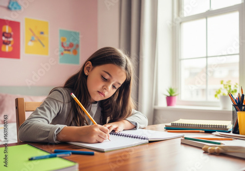 Diligent young girl sitting at a desk in her bedroom, concentrating on writing her homework in a notebook by the window.