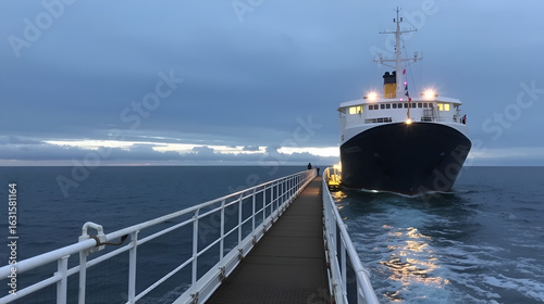 The gangway and trail on the water from the ship leaving for the sea