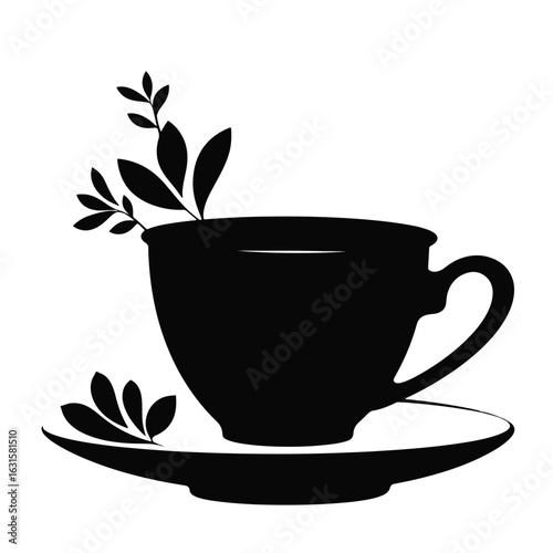 Stylish teacup silhouette with flower rim on white background, elegance