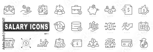 Outline icons show salary, payroll processing, pay slip, bonus growth, budget charts, payday calendar, piggy bank savings and compensation package