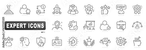 Expert line icons of certification, award podium, talent recruitment, strategy presentation, innovation brain gear convey professional skills and trusted quality