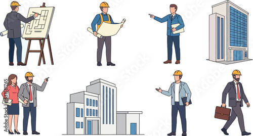Illustration of architects engineers and building designs on a light blue background vector image