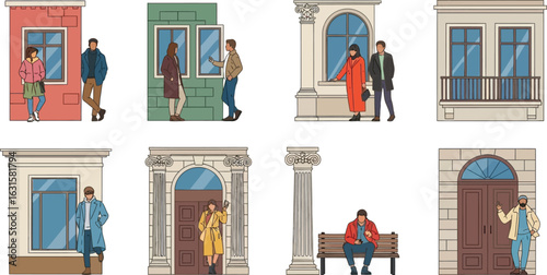 Various architectural facades with people standing or sitting near them in different poses