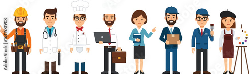 Diverse group of cartoon professionals standing in a row against a plain white background illustration