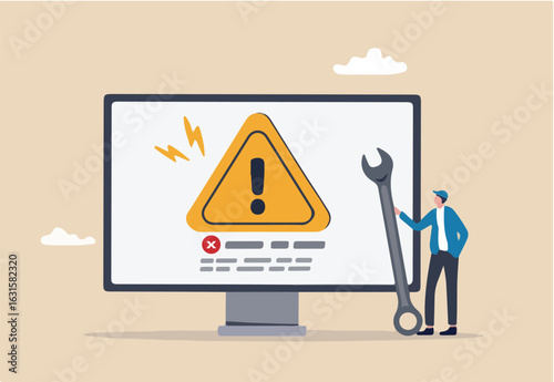 System error, software problem or system failure, security alert or hardware fault to be fixed, caution or maintenance concept, young technician holding wrench fix system failure message on computer.