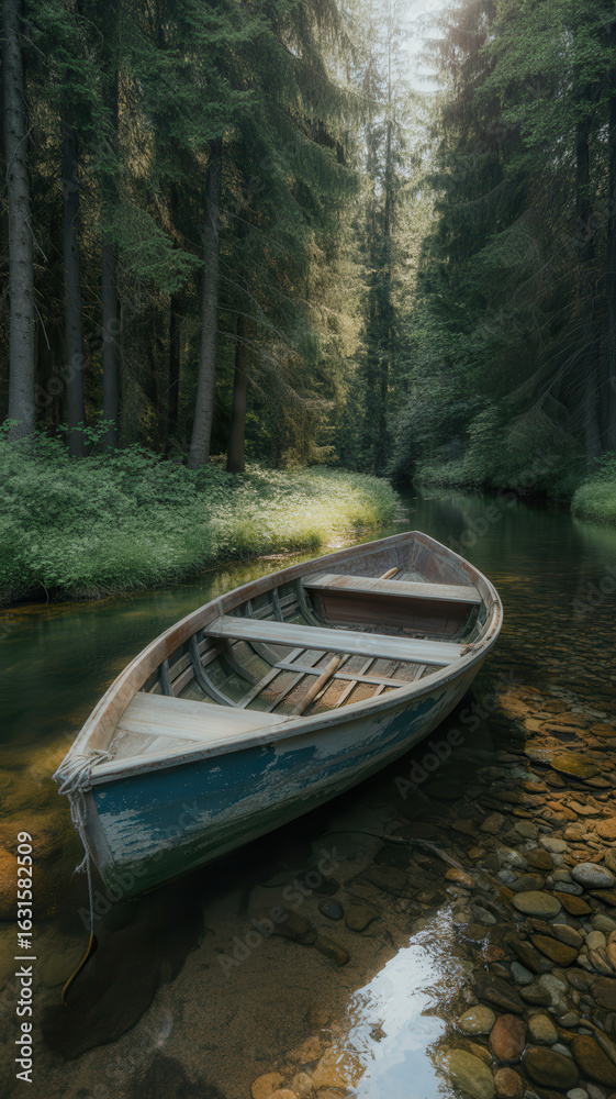 Obraz premium Rowboat floating on a calm river surrounded by a lush green forest
