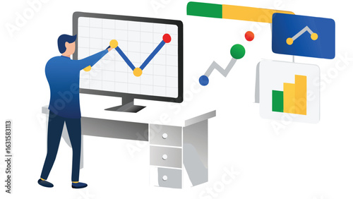 Person interacting with data graphs on a computer screen at a desk with additional charts floating