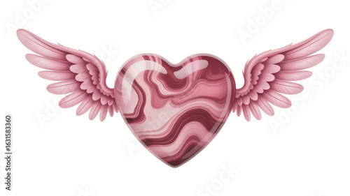 Pink marble heart with angel wings isolated on transparent background