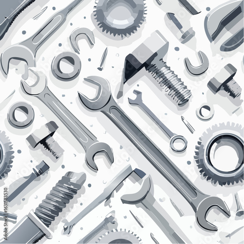 Seamless vector pattern with workshop elements—wrench, bolts, gears—ideal for backgrounds or branding.