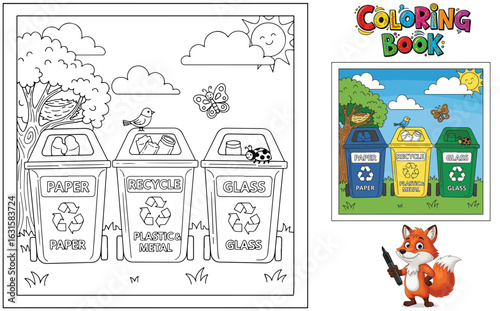 Recycling bins for paper, plastic, and glass in children's coloring book  