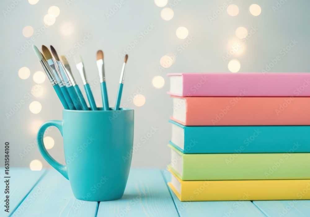 Fototapeta premium Photo of a turquoise mug filled with various art brushes sits on a wooden table next to a stack of colorful books, with soft bokeh lights in the background