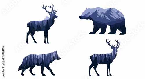 Wild animals silhouette with double exposure effect stock