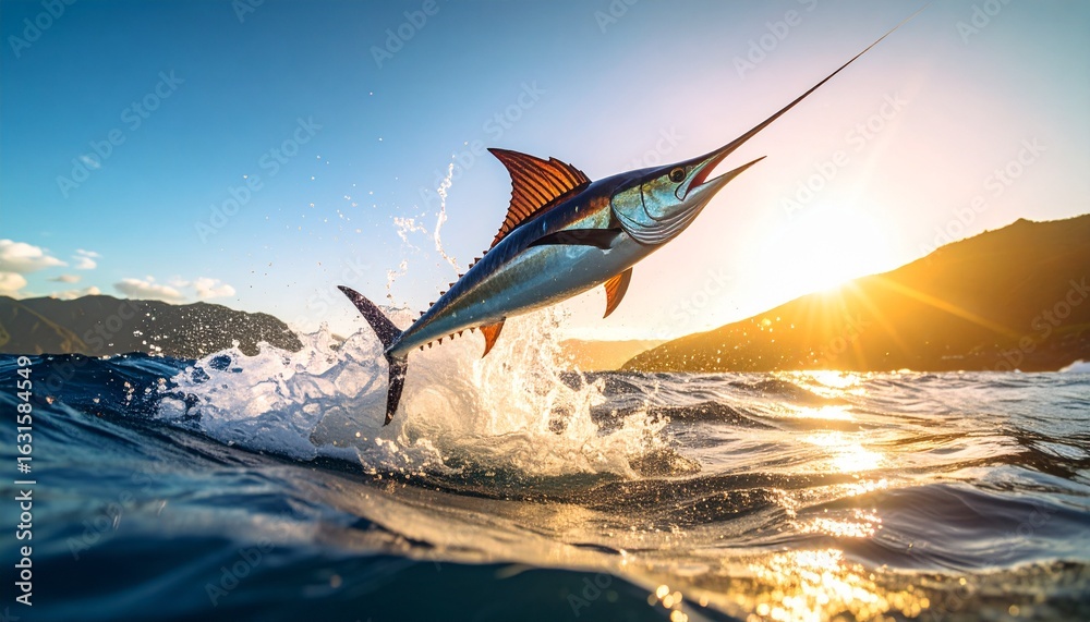 Fototapeta premium Majestic Marlin Leaping at Sunset Ocean Wildlife.