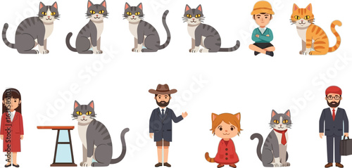 Cartoon illustration featuring cats and people characters on a light blue background design theme