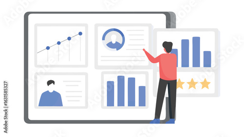 Man presenting data dashboard with graphs charts and user profiles on a digital interface display