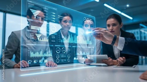 Business team analyzing futuristic digital data dashboard with interactive data visualization, financial graphs, technology innovation, analysis, finance, growth, and strategy planning modern office