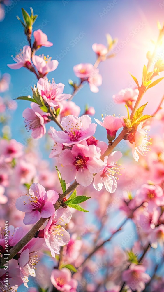 Fototapeta premium A close-up shot of a peach tree in full bloom, with delicate pink flowers covering the branches. The background is softly blurred, with more flowering trees and a clear blue sky