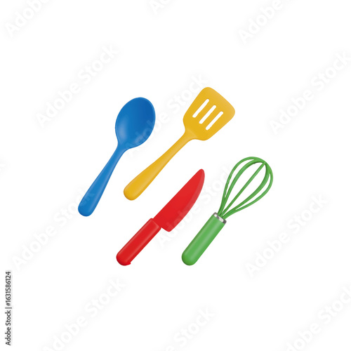A playful 3D vector composition of floating kitchen utensils — spoon, spatula, knife, and whisk — arranged in a circular layout.