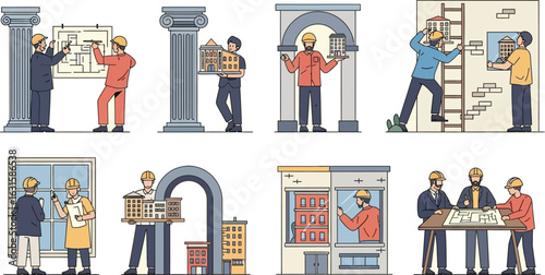 Architects and engineers in various building and construction related activities illustration design