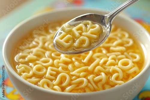 A close-up of alphabet soup with noodles in a bowl, highlighting the lettered pasta in a broth, and some in a spoon above a colorful background with cartoon characters.