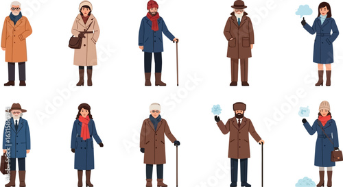 Group of people wearing winter coats and hats standing in a row on a white background