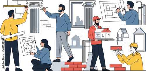 Diverse group of architects and construction workers collaborating on a building project design together