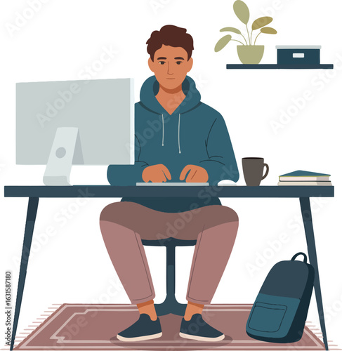 Young Man Working at Desk with Computer in Calm Home Office or Study Environment Flat Vector Illustration Isolated on Transparent Background
