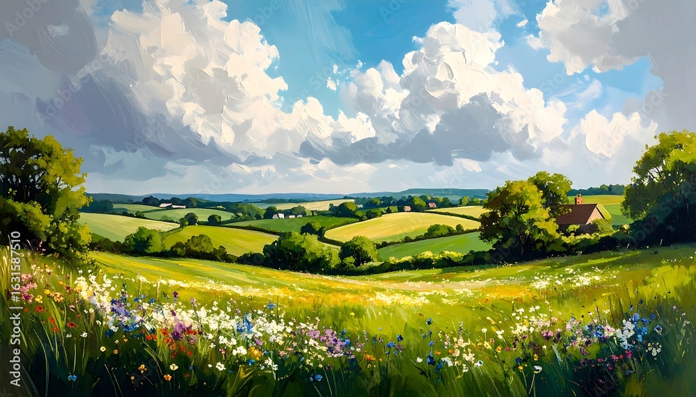 Fototapeta premium Lush landscape with wildflowers and rolling hills