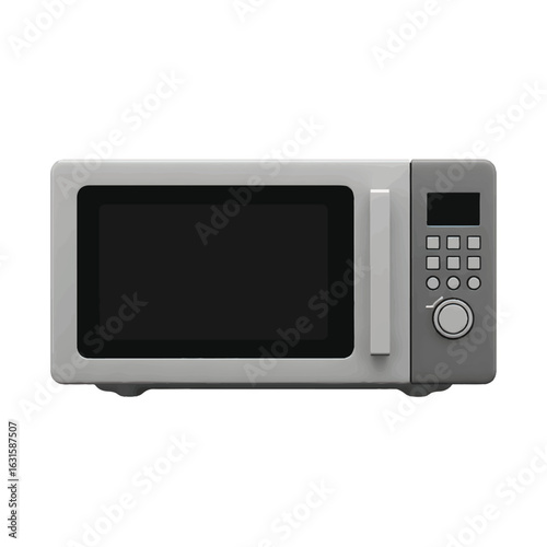 A clean 3D vector of a microwave oven with buttons and door handle, floating in space. Flat colors only, no lighting or shadows.