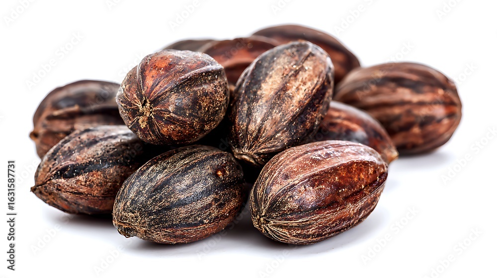 Heap of Dry Brown Shea Nuts Pile with Textured Shells on a White Background Heap of Dry Brown Shea Nuts Pile with Textured Shells on a White Background