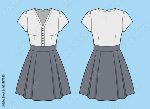 PrintWomen's short sleeve pleated dress front and back view, buttoned bodice design, fashion CAD sketch, technical flat vector illustration