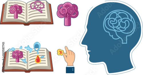 Illustration depicting psychotherapy concepts with brains books and a head silhouette