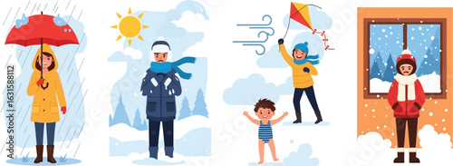 Illustration showing people experiencing different weather conditions and seasons outdoors
