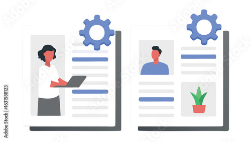 Two documents with people profiles and a gear icon representing settings and configuration management