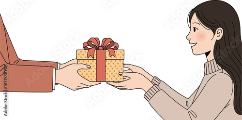 A person handing a gift box with a red ribbon to a smiling woman in a beige sweater illustration
