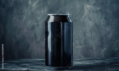 Black drink can with condensation against a dark textured background