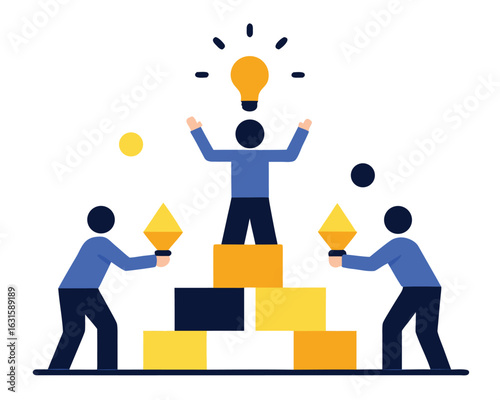 Idea Generation: A dynamic illustration featuring three individuals, one radiating with a brilliant idea, standing atop a stack of building blocks, flanked by peers holding glowing lanterns