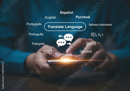 Photo of hands using a smartphone to translate languages, with various language names displayed around the screen, symbolizing global communication and technology