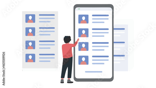 Person interacting with profiles on a mobile device and a list on a separate screen view for comparison